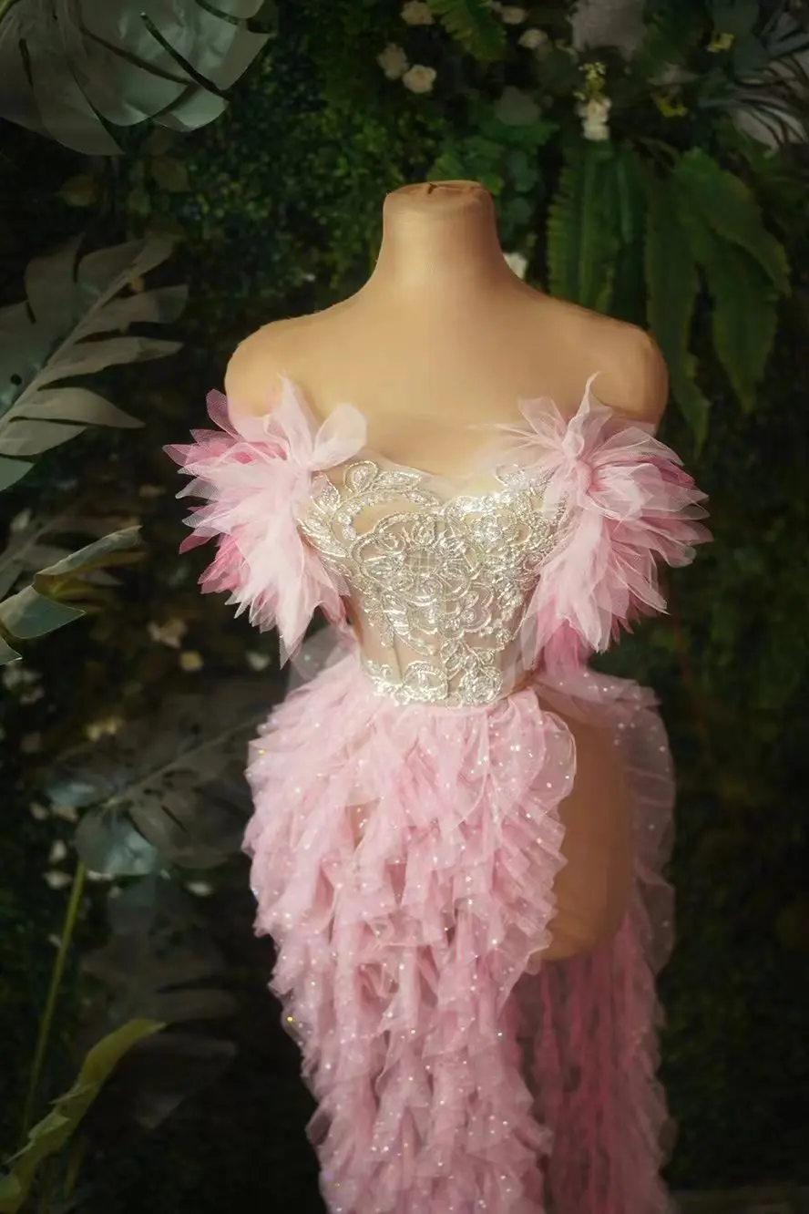 Robe de soirée élégante à fleurs roses pour femmes, ensemble 2 pièces sexy, épaules dénudées, dentelle perlée, soirée Forma, quelle que soit Ruhua