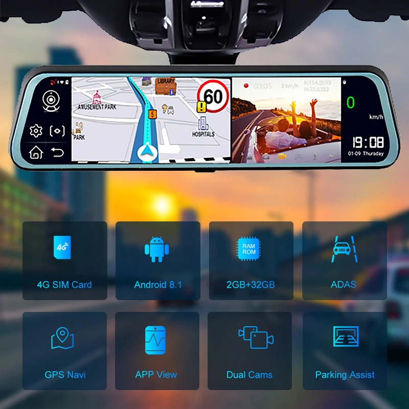 Bluavido 10 Inch 4G Android 8.1 Car Mirror Video Recorder GPS Navigation ADAS Rear View Camera AHD 1080P Dual Lens Dash Cam DVRs