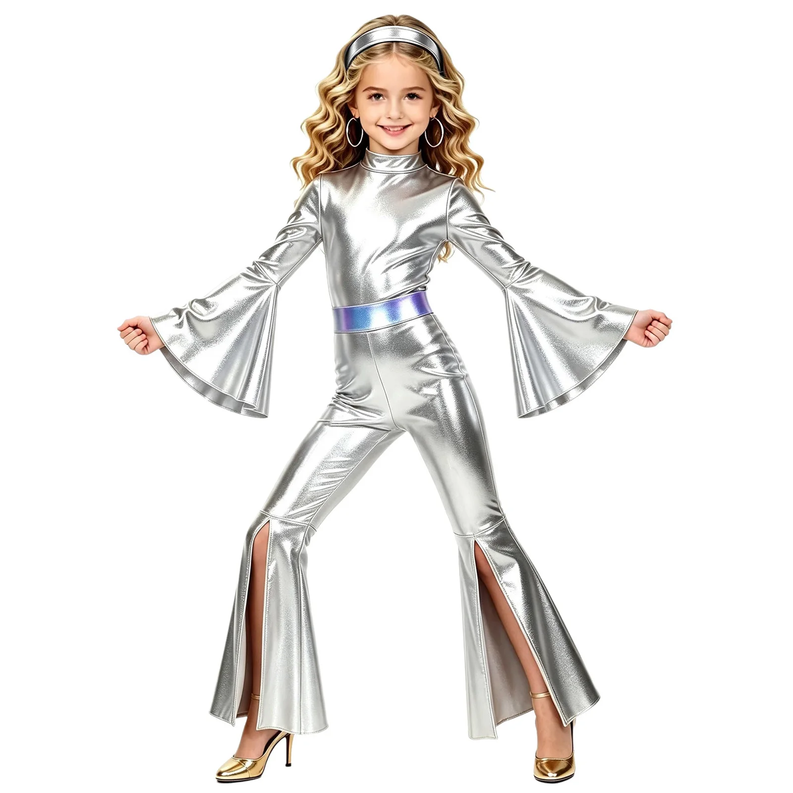 Girls 70s Disco Jazz Dance Costume Metallic Shiny Long Flared Sleeves Split Bell-bottom Jumpsuit Hip Hop Party Hippie Costume