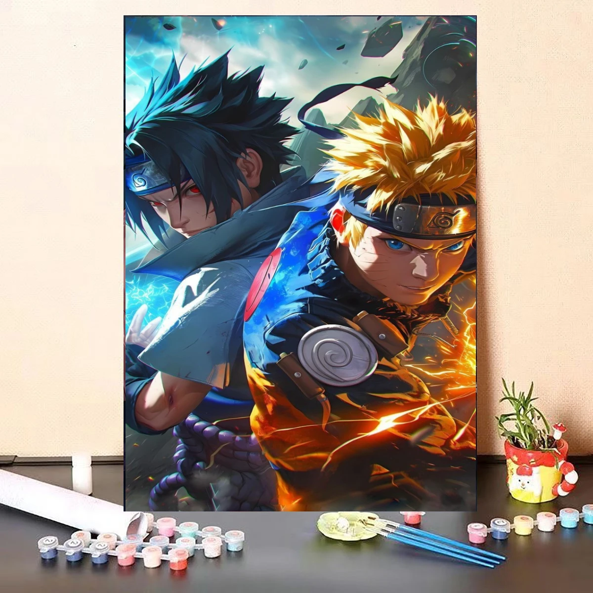 Naruto & Sasuke Anime Portrait Lightning Chakra Mountain Battle Scene Oil Painting By Numbers DIY Wall Home Decor, No Frame