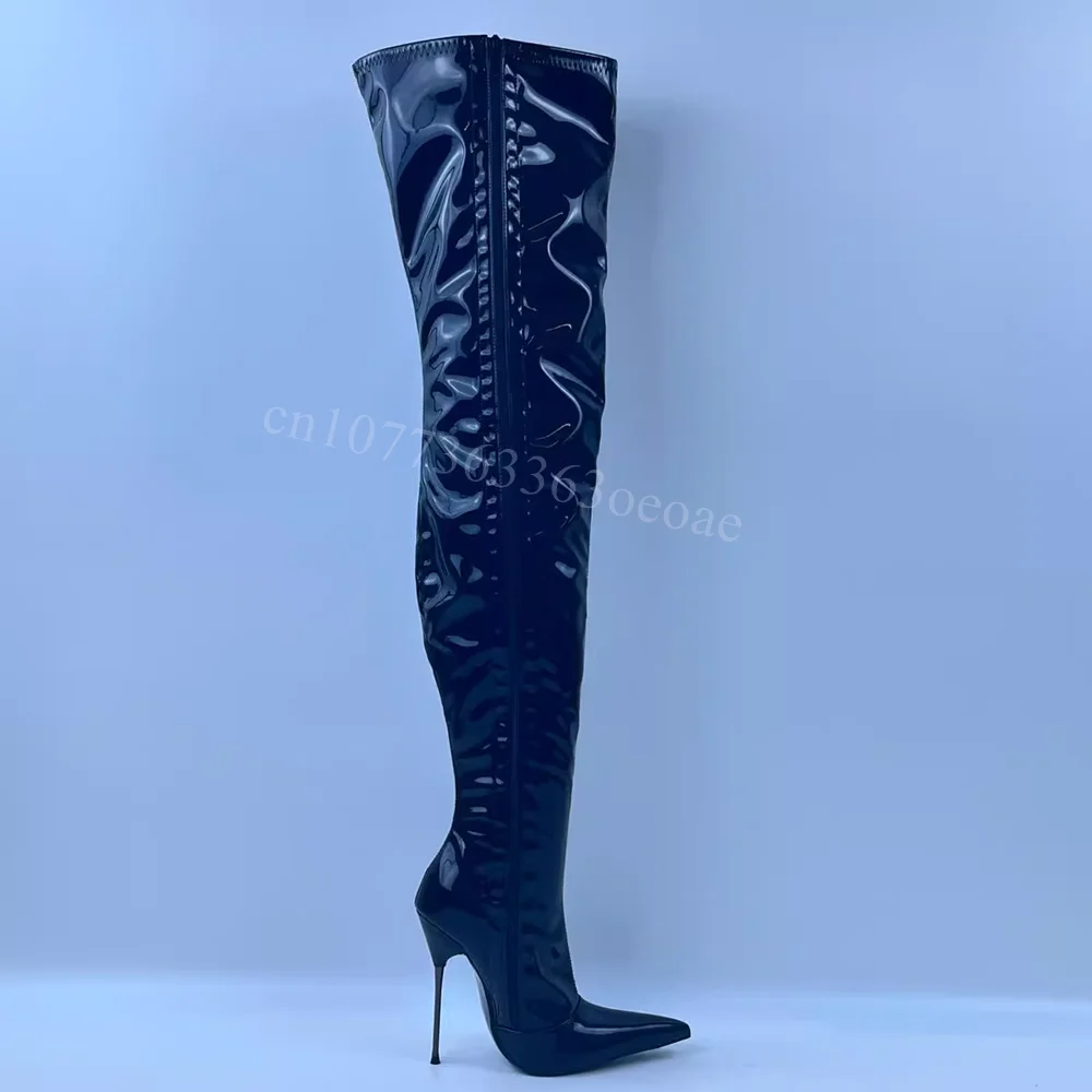Siede Zipper Skintight Oberschenkel Hohe Stiefel Metall Dünne High Heel Schuh für Frauen Patent Leder Mode Schuh 2025, Zapatos Para Mujere