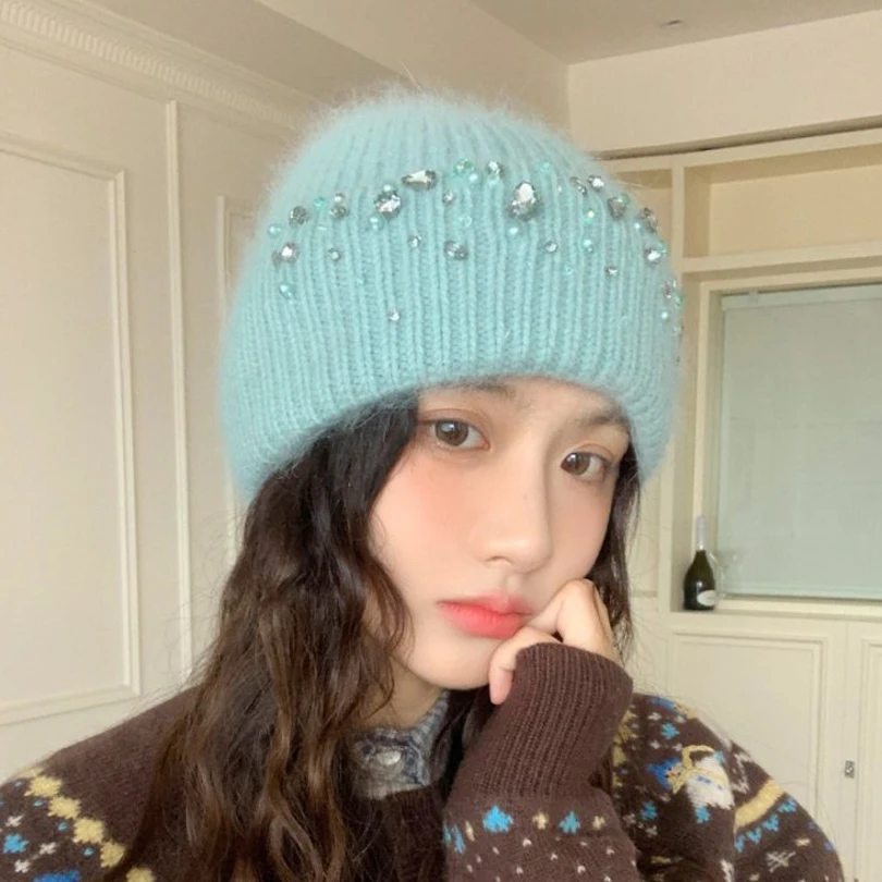 

Winter Hat Women Angora Knit Rhinestone Accessory For Skiing Autumn Outdoor Sports Cycling