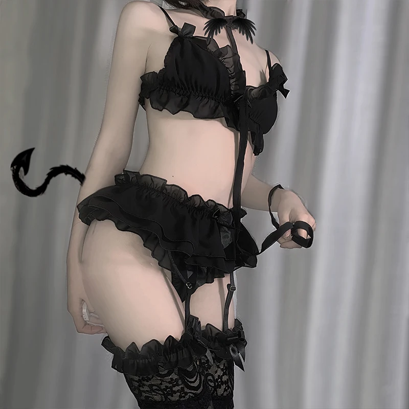 Conjunto de lencería Sexy para mujer, picardías Kawaii de encaje con volantes, pijamas negros suaves, disfraces de Cosplay japoneses de Lolita