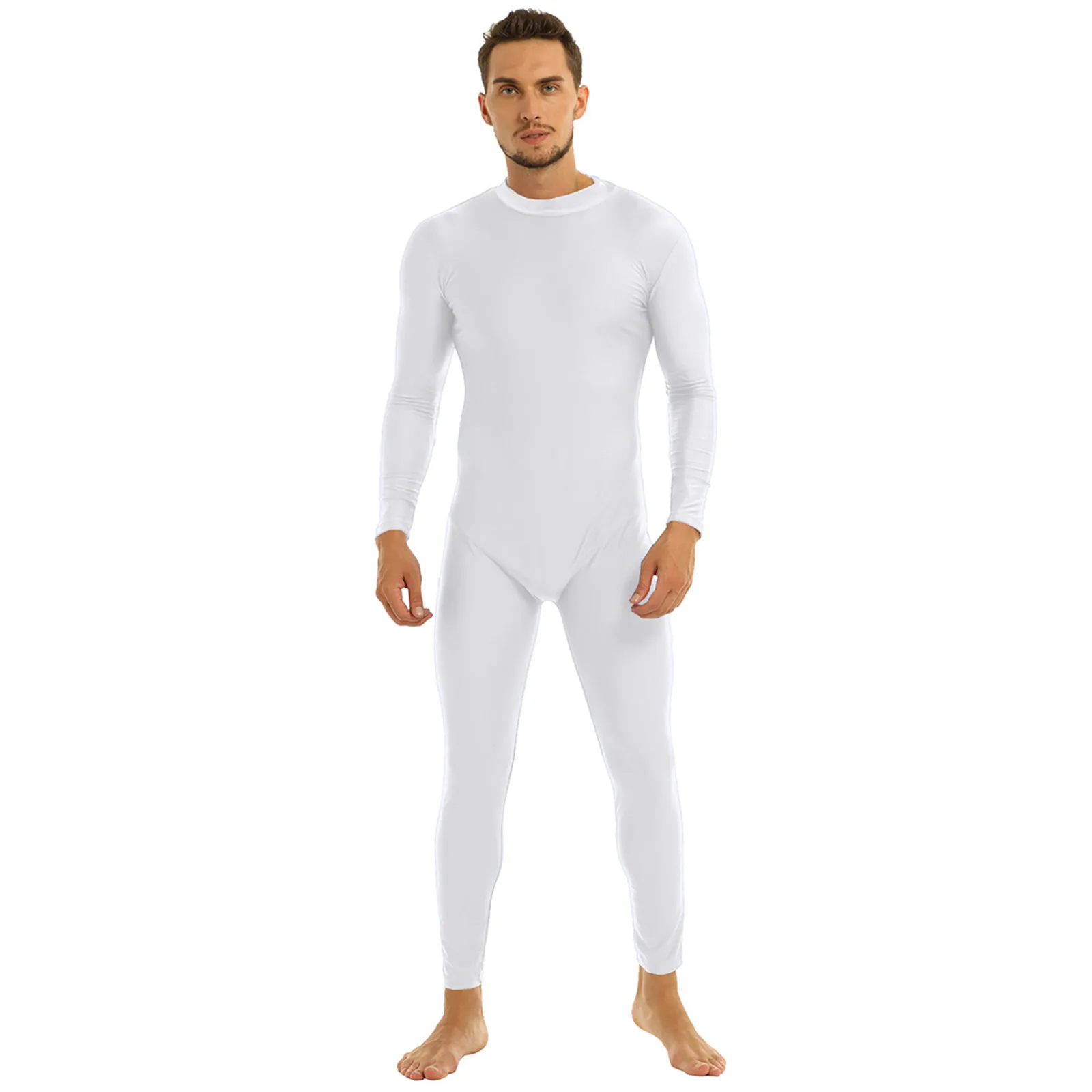 Bodysuit manga comprida com decote simulado masculino, apertado pela pele, cor sólida, unitard, dancewear, traje de corpo, traje cosplay, adultos, zentai bem apto