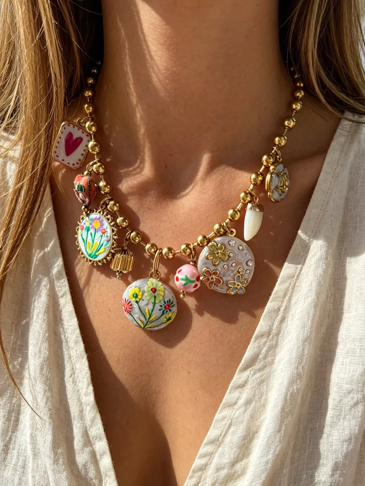 Peri'sbox Vintage Enamel Ceramic Natural Stone Multiple Pendant Metal Bead Chain Women's Necklace Stainless Steel Jewelry Gifts