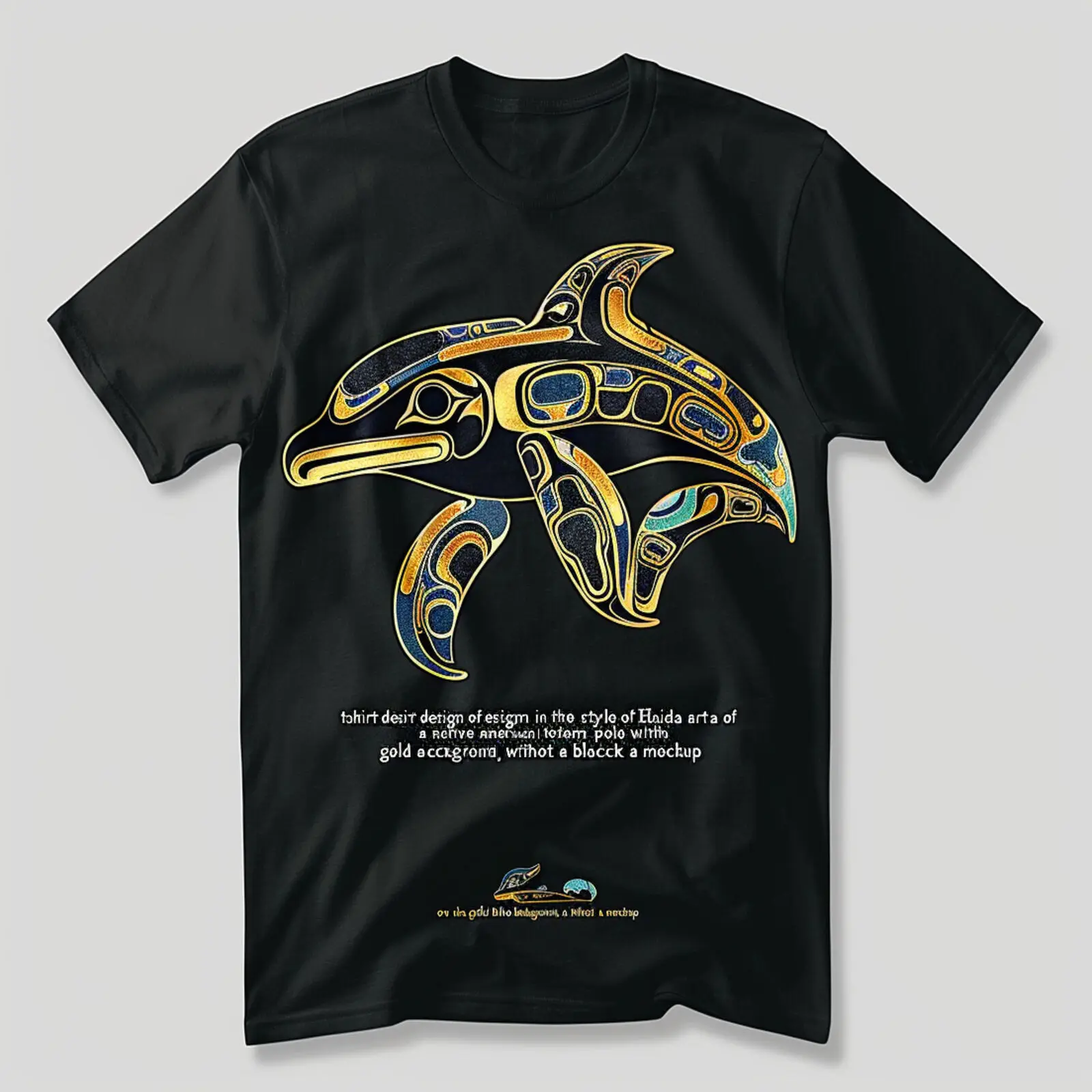 TShirt with Art Orca Design Gold & Blue Accents Totem Pole Style Unique & Stylis