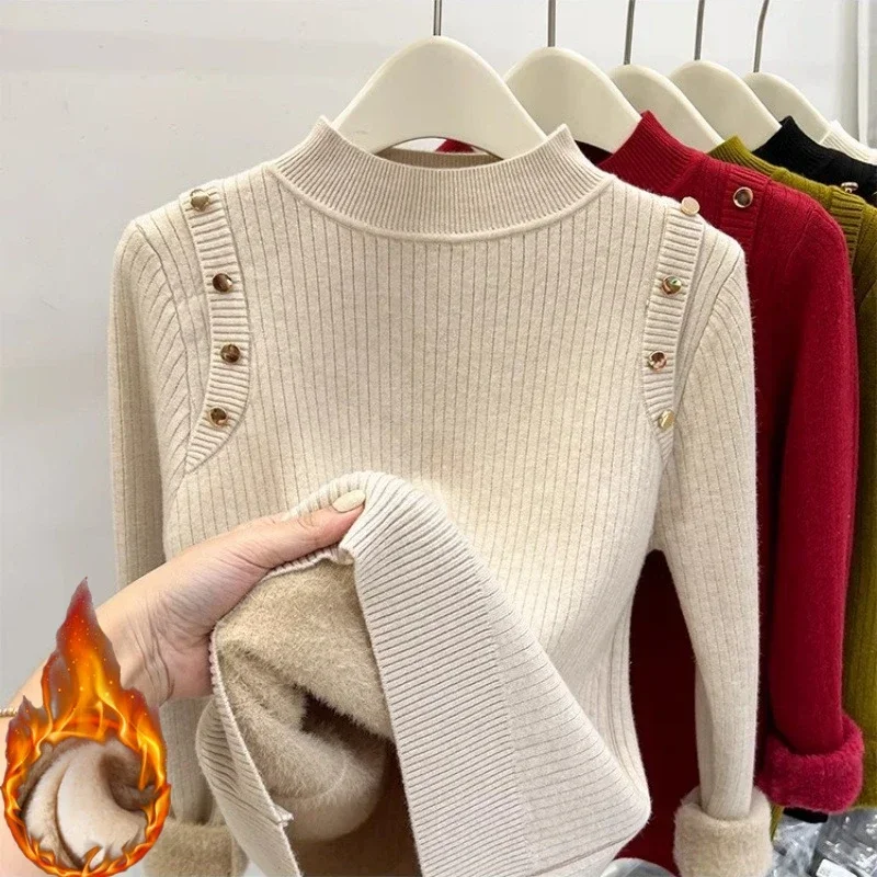 Autumn Winter Women Pullovers Button Turtleneck Knitted Sweater 2026 Basic Women Fleece Lined Thickened Warm Sweaters