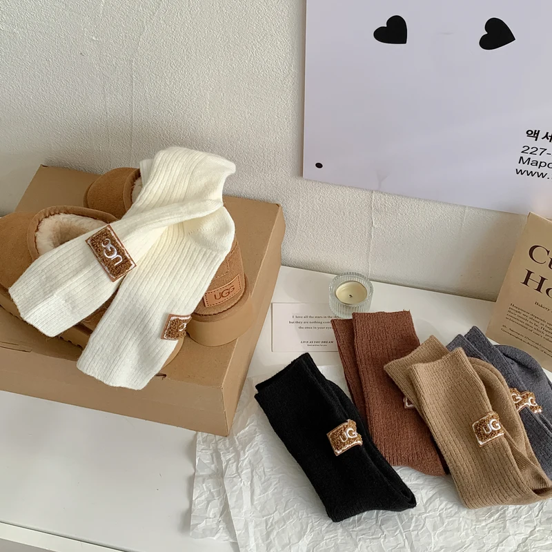 3 Pairs Winter Thick Warm Socks Women's Wool Cashmere Solid Thickened Pile Socks Embroidered Logo Mid-Calf Casual Socks