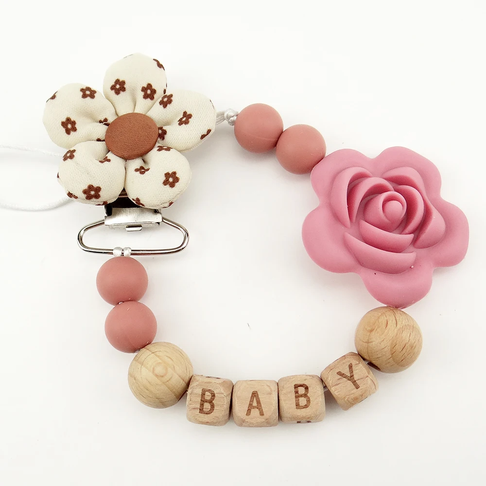 New Handmade Free Personalized Name Silicone Wood Pacifier Clips Safe Teething Chain Cute Flower Eco-friendly Dummy Clips Holder