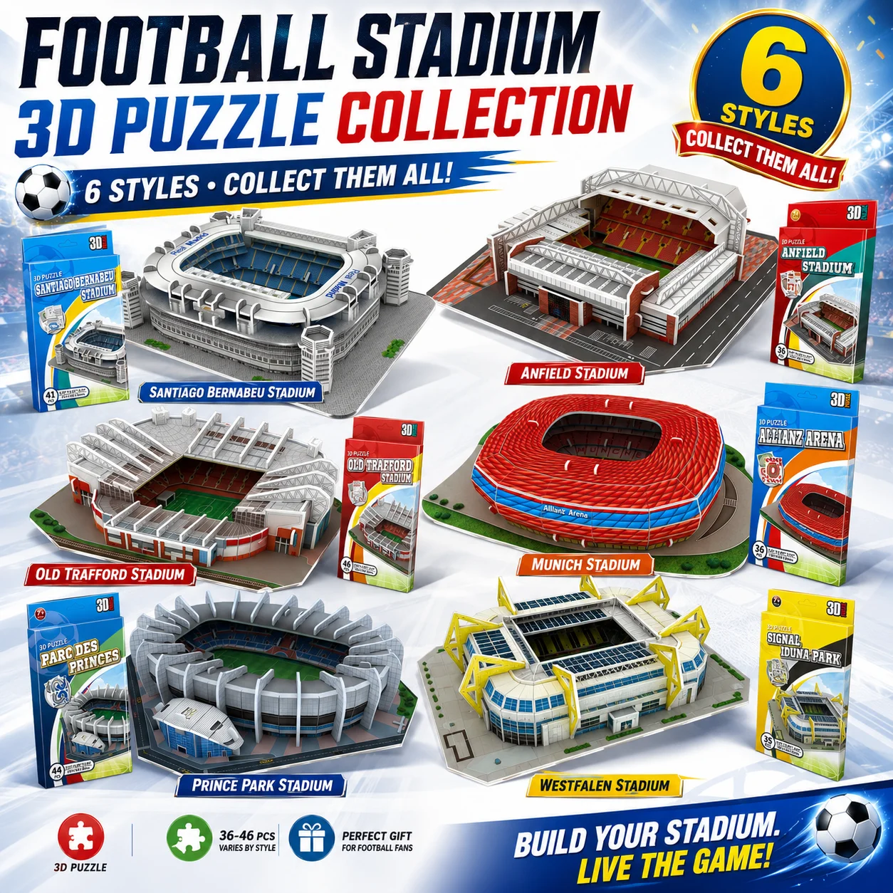Rompecabezas 3D de Estadios de Fútbol, Serie de 6 Estilos: Bernabéu, Anfield, Old Trafford, Múnich, Prince Park, Westfalen, Modelo de Juguete