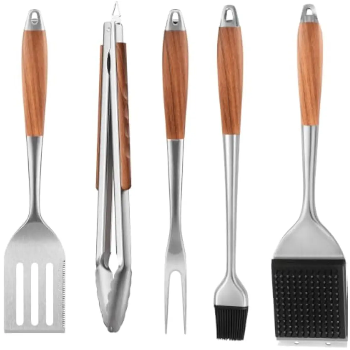 Premium 5-Piece BBQ Tool Set Featuring Solid Rosewood Handles and Heavy-Duty Stainless Steel Construction — Includes Tongs with