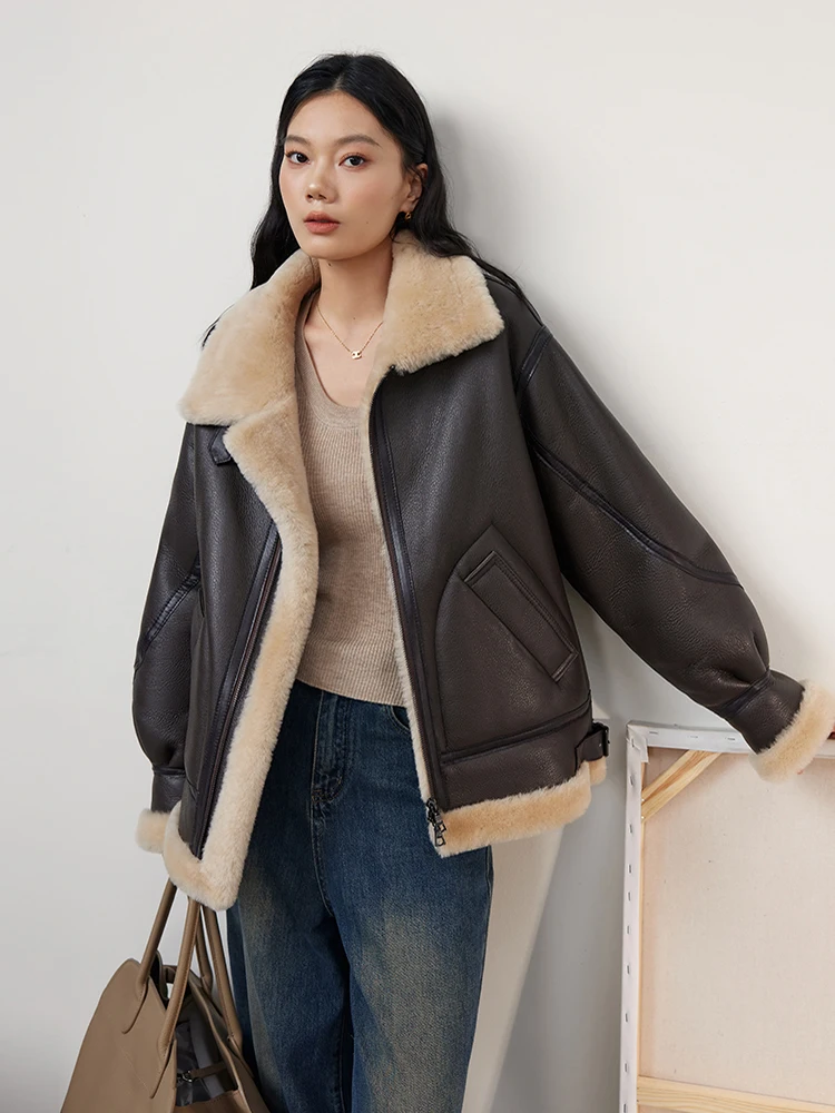 High-end Luxury Merino Sheep Fur Winter Motorcycle Jackets for Women Simple Thickened Warm Genuine Leather Real Lamb Fur Coat