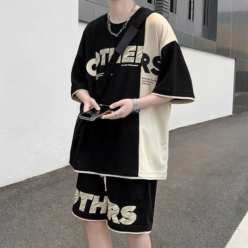 

Teenage Casual Short Sleeve Set Men's Summer Loose Student Trendy Five-Point Pants Two-Piece Set Comfortable Breathable T-Shirt