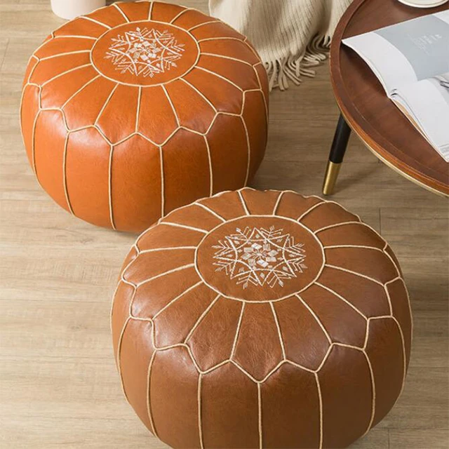 Moroccan Leather 2024 Pouffe,leather pouf ottoman, Pouffe footstool cover (Caramel Brown)