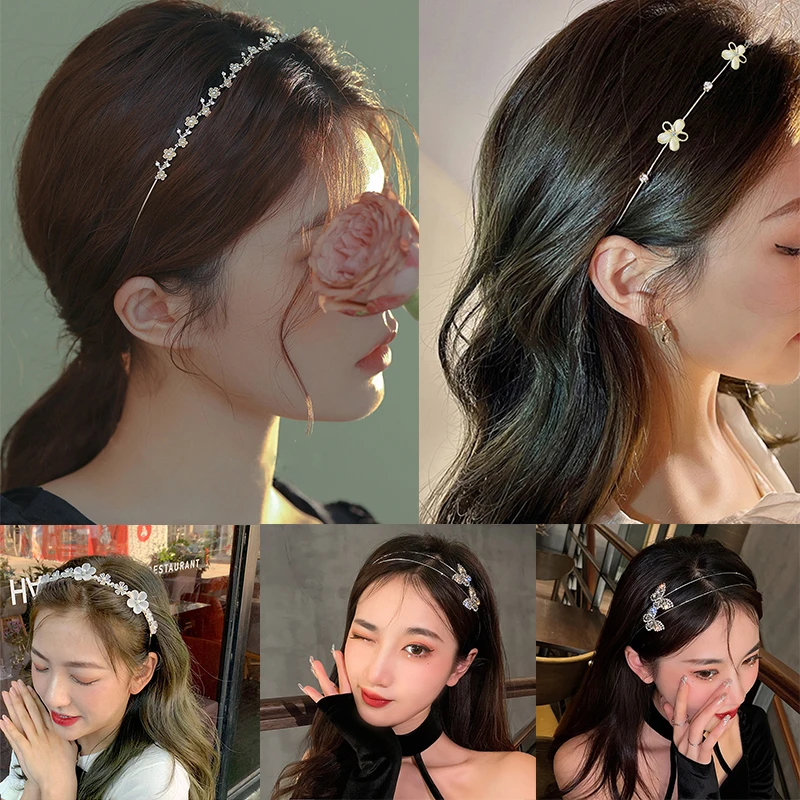 Metal Gold Silver Headband Shiny Rhinestone Flower/Heart/Bow/Butterfly Hairband Hair Hoop Bezel Women Elegant Pearl Hair Bands