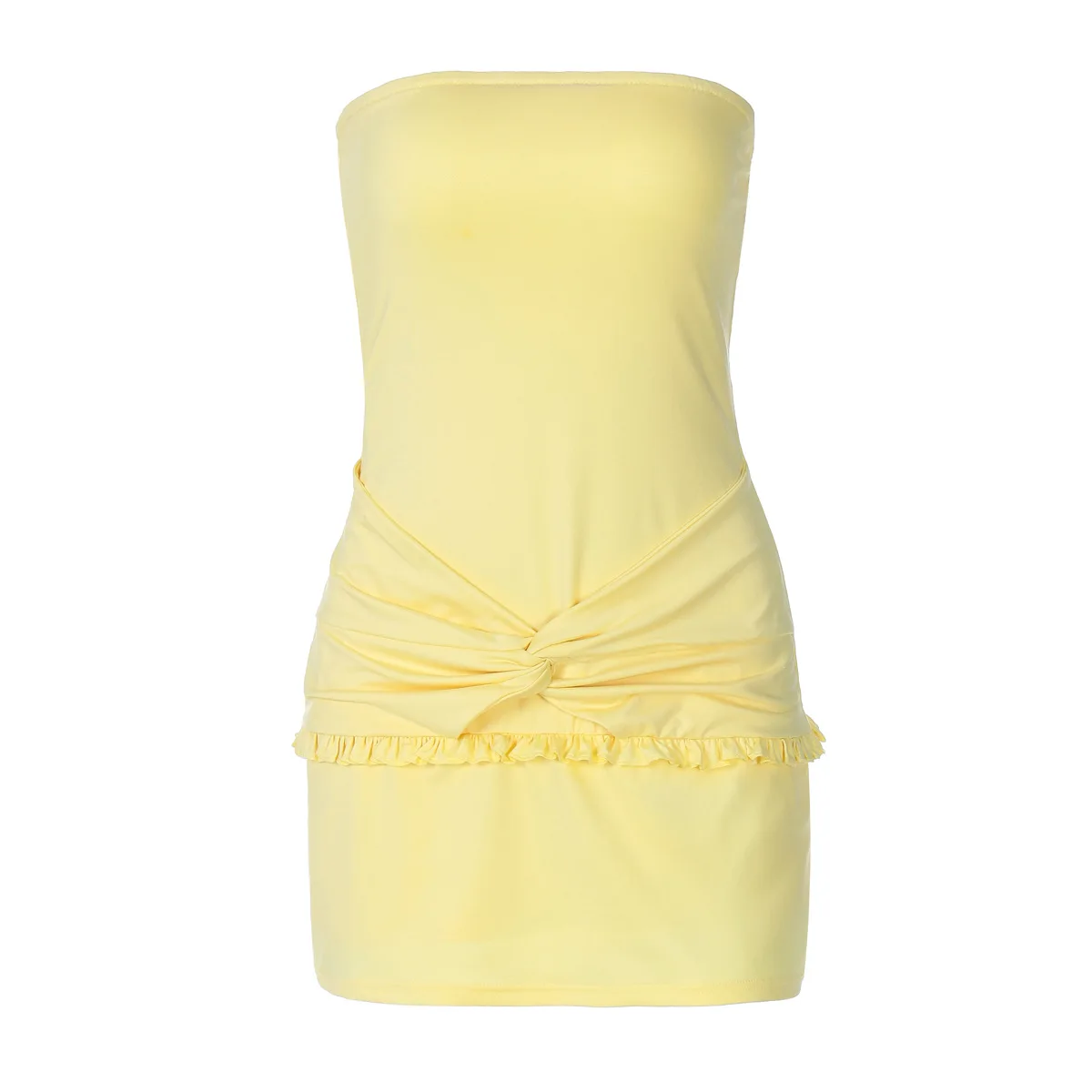 DSMTRC Abiti da vacanza estivi da donna Senza spalline Pieghe gialle solide Mini abito con spalle scoperte Abiti eleganti da festa per club