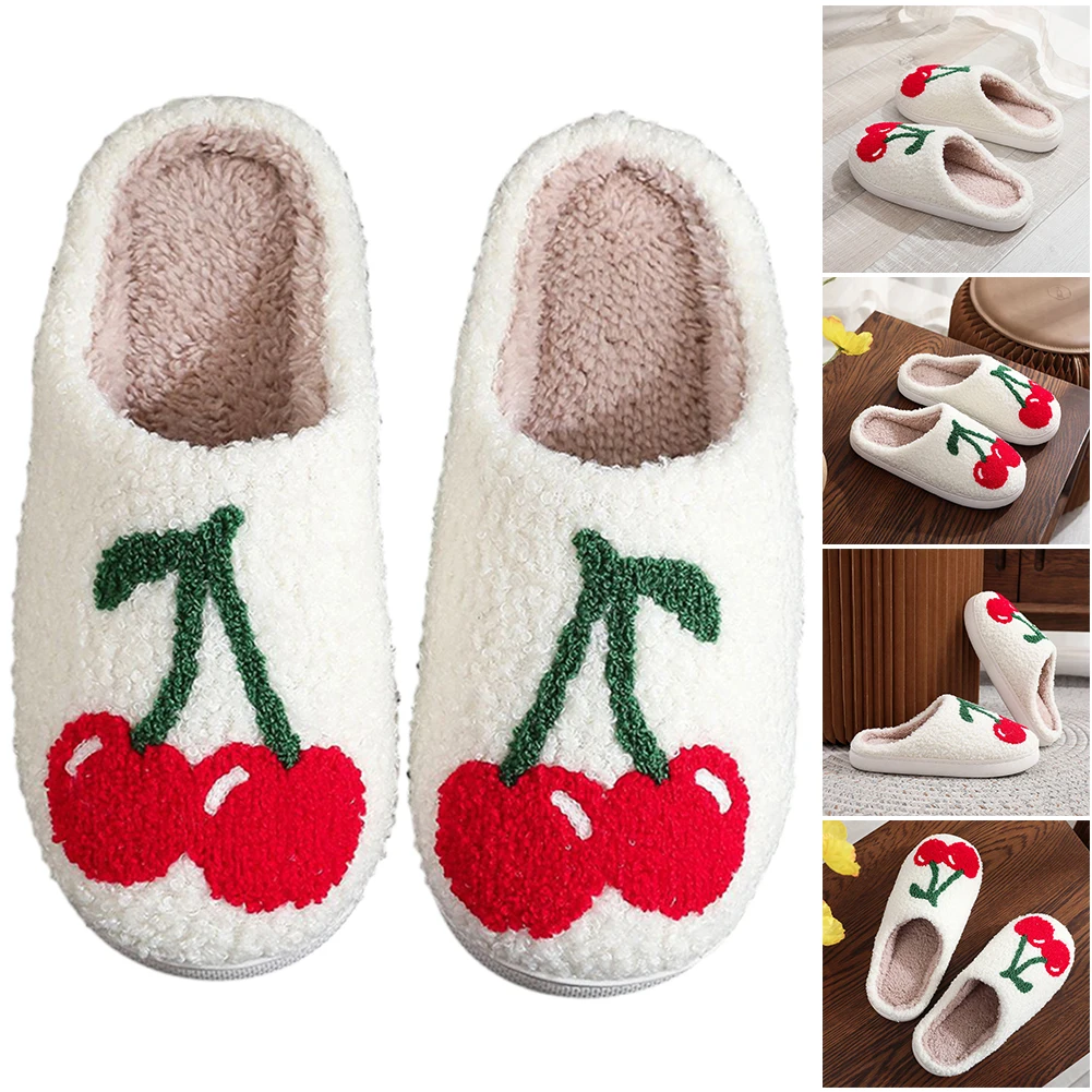 Women House Slippers Cozy Cherry Casual Fluffy Slippers Non-Slip Cute Indoor Shoes for Winter Indoor and Outdoor