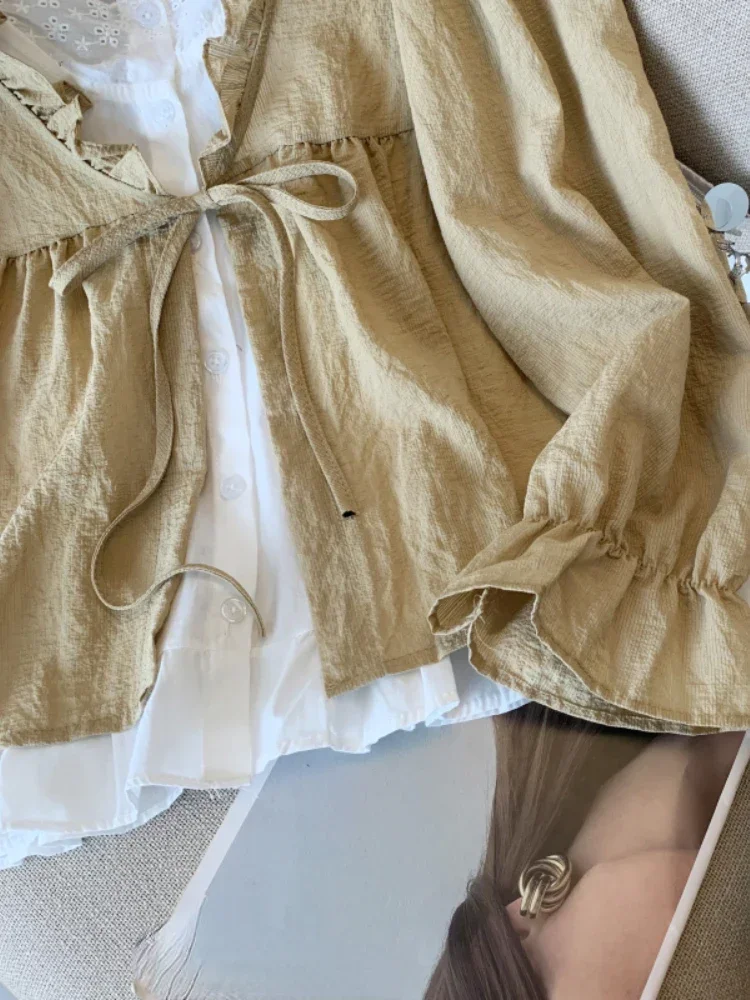 Fashion Elegant Blouses Fake Two Piece Patchwork Contrast Color Lace Up Folds Shirts Spring Autumn All Match Women Clothing 2024