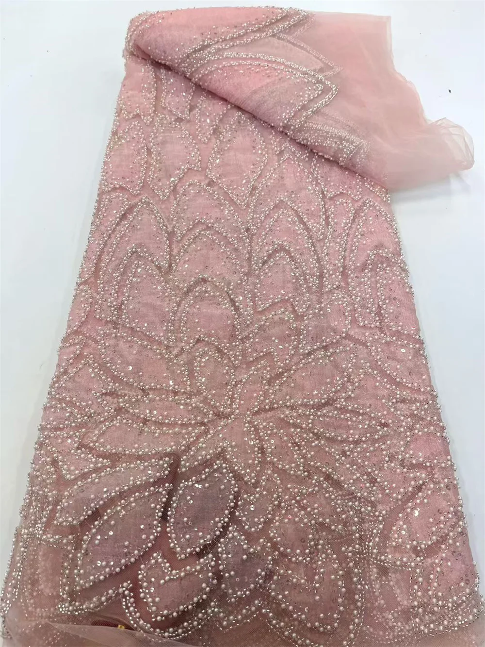 

Latest Nigerian Lace Fabrics Pink Color Luxury Handmade Beaded French Lace Fabrics Quality 2025 Fabric For Sewing Dress A1275-1