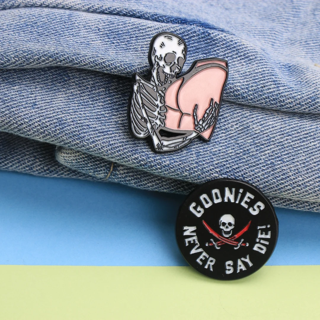 GOONIES NEVER SAY DIE! Enamel Pin - Cartoon Skull & Skeleton Lapel Badge for Backpack DIY Punk Gift