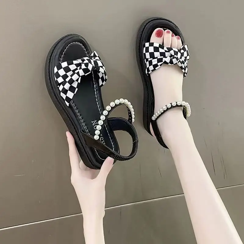

Fairy Style Summer Sandals for Matching with Dresses 2026 New Bow Pearl Design Beach Flat Sandals