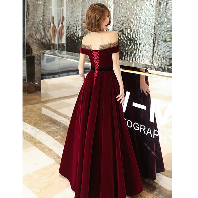 Evening Dress Burgundy Velvet Boat Neck Off Shoulder Lace up A-line Floor-length Plus size Lady Party Formal Gown robe de soiree