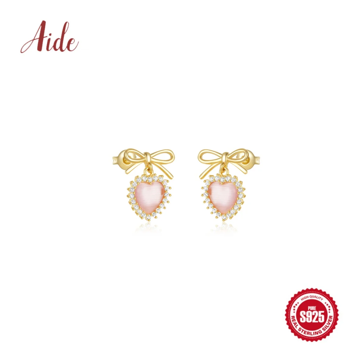 

Aide 925 Sterling Silver Bow Pink Heart-Shaped Stud Earrings For Women Zircon 18K Gold Pendant Fine Jewelry Party Ins Gifts
