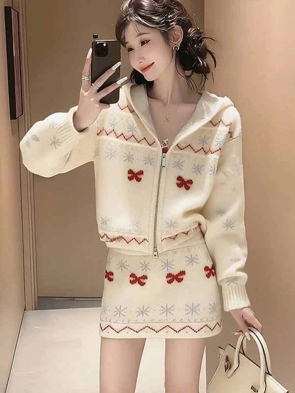 

White Knitted Two-Piece Set Chic Top Half-Skirt Gentle Set Dress Lazy Style Fashionable Women's Autumn Warm Clothing