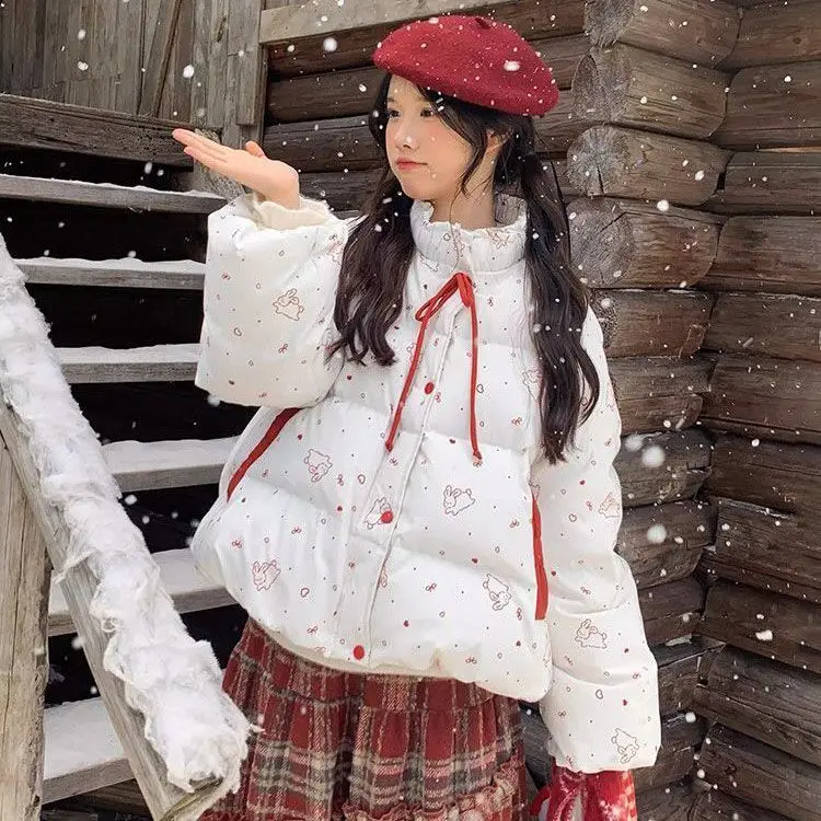 

Japan New Winter New Stand-Up Collar Bunny Print Bow Cotton Coat For Female Students Loose Warm Bread Coat