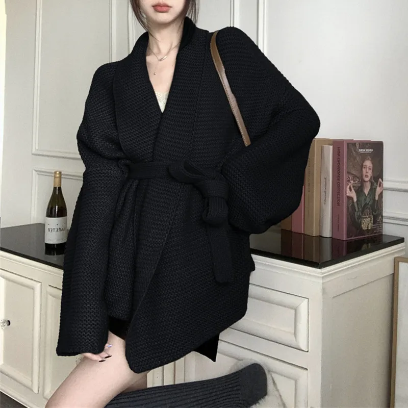 Cardigan de malha de comprimento médio para mulheres, estilo francês elegante, casaco longo de suéter, outono e inverno