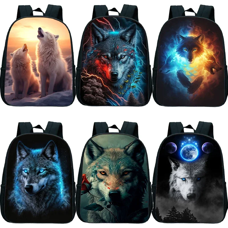 Animal Wolf Backpack Kids Kindergarten Knapsack Howling Wolf Print School Backpacks Boys Girls School Bags Small Bookbag Mochila