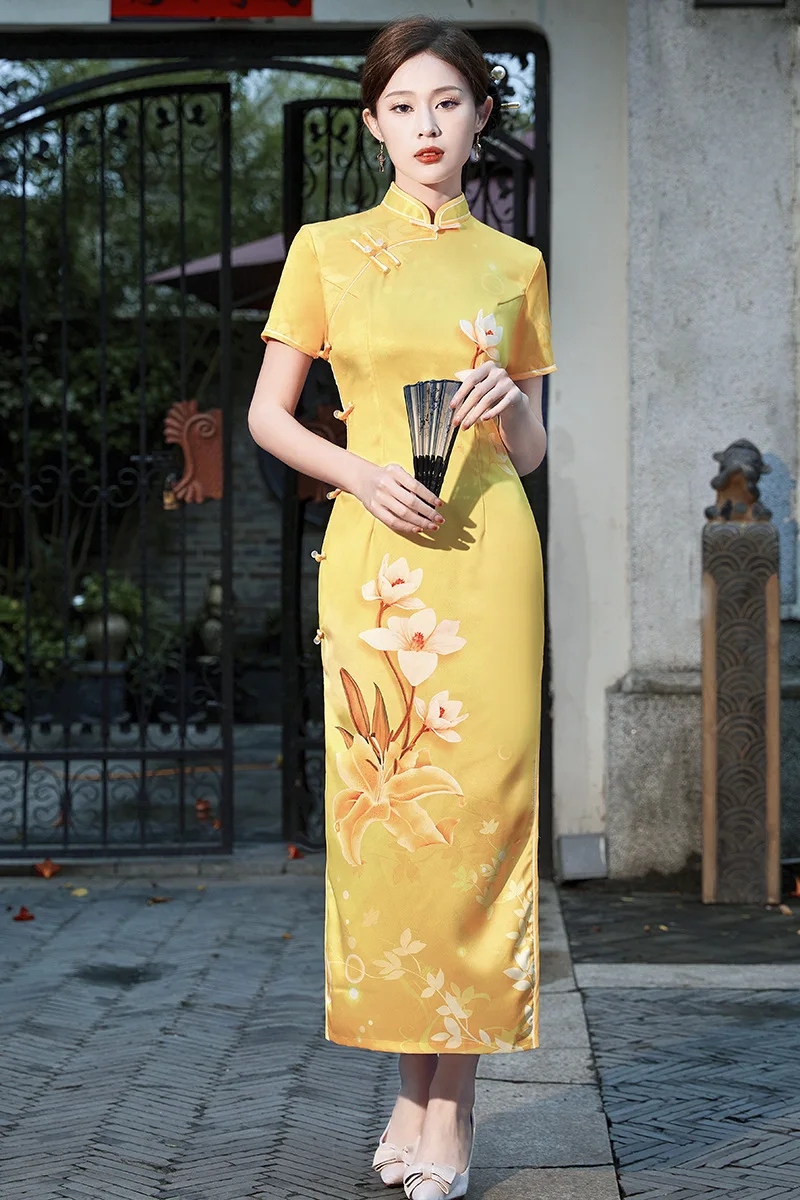 2023 Spring And Summer Yellow New Cheongsam Dress Retro Artistic Temperament Floral Cardigan Qipao Hanfu Chinese Dress