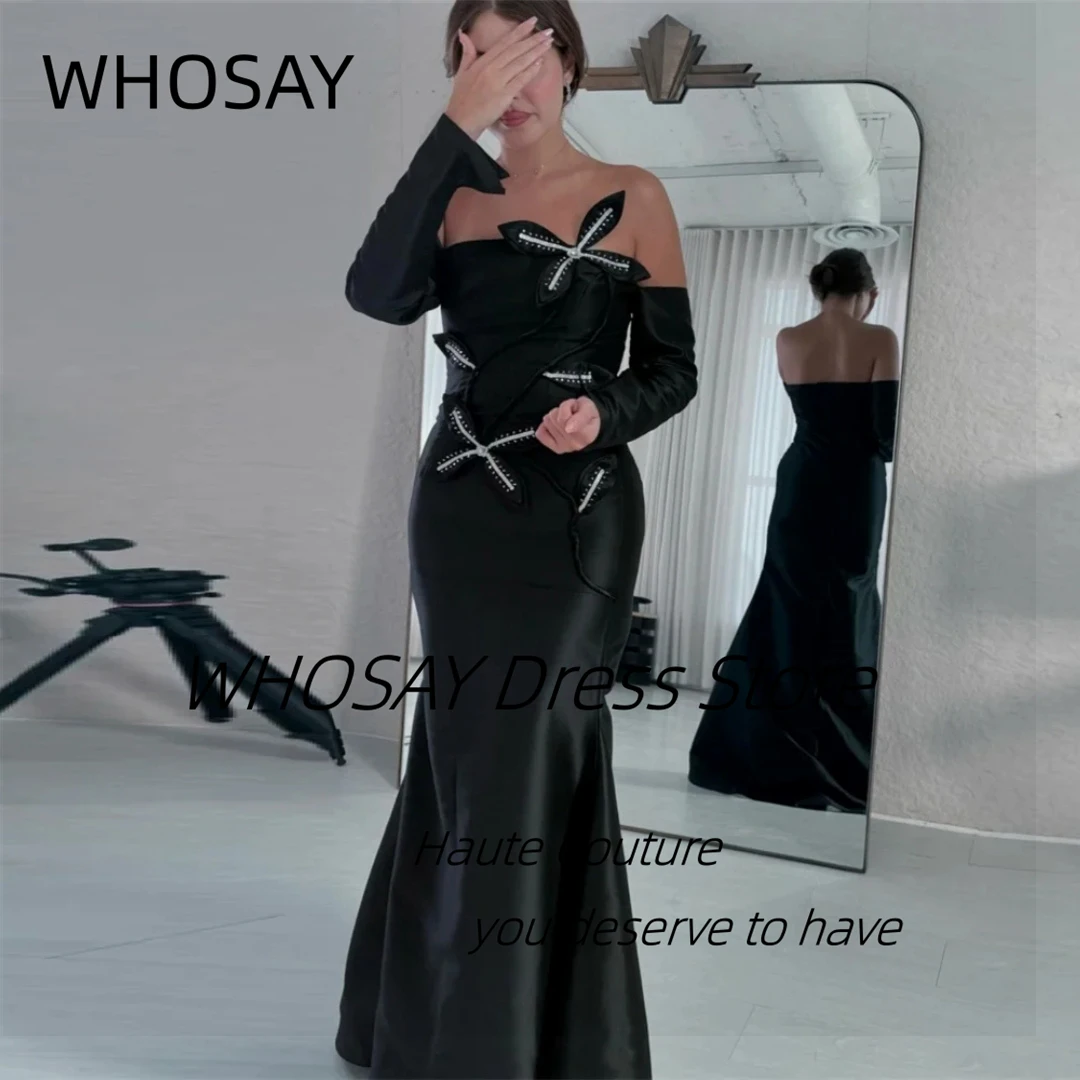 

WHOSAY Black Prom Dresses Customized Beading Applique Birthday Party Dress Sexy Back Long Sleeves Evening Gows