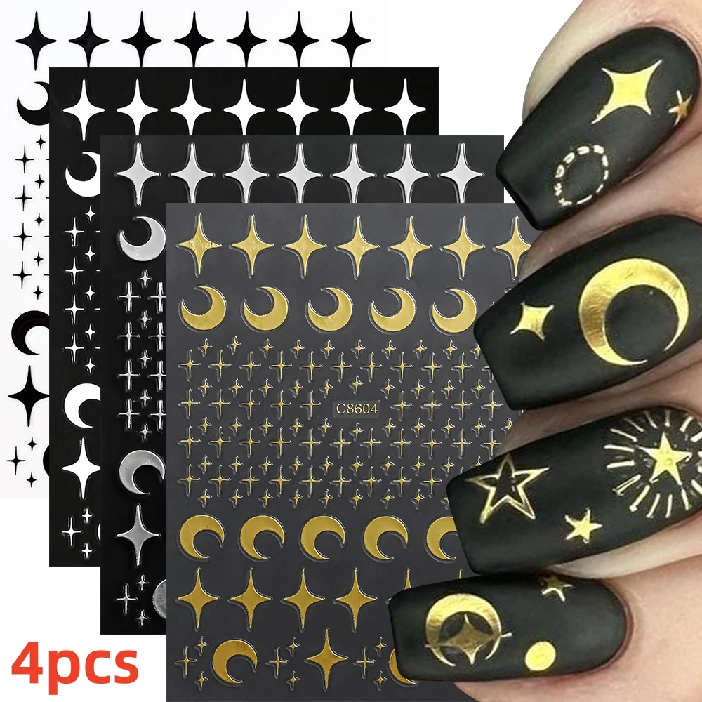 9 stks/set Wit Zwart Sterren Nagels Stickers Luxe Zelfklevende Vijfpuntige Ster Nail Art Decals Voor Vrouwen Meisjes Manicure Decor *