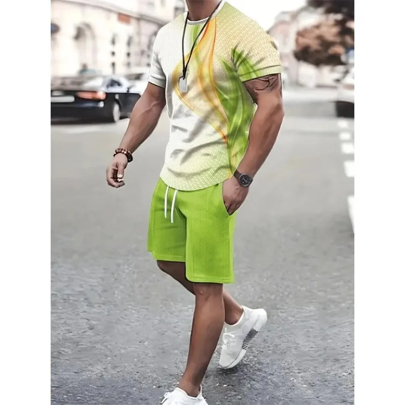 2025 New 3D Textured Men's Flat Size Clothing Printed Suits Short Sleeves and Shorts Casual Summer Sportswear