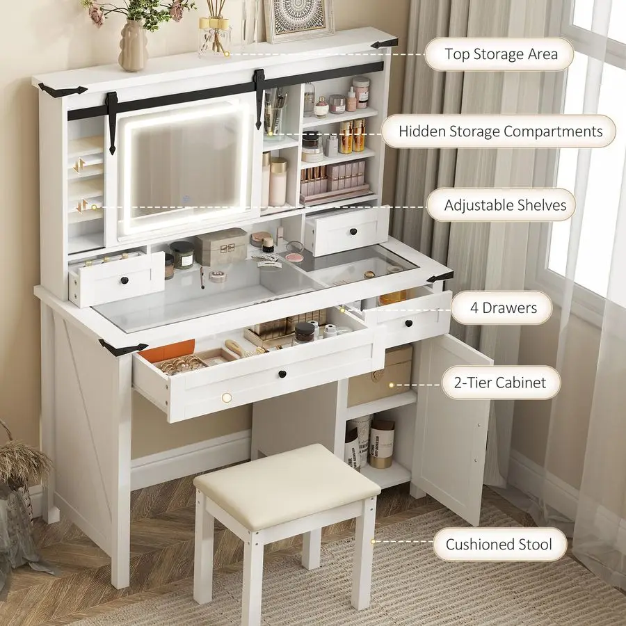 Farmhouse Vanity Desk with Mirror, Rustic Makeup Vanity Table with LED Lights, Cushioned Stool, 42 Inch Glass Tabletop, Drawers