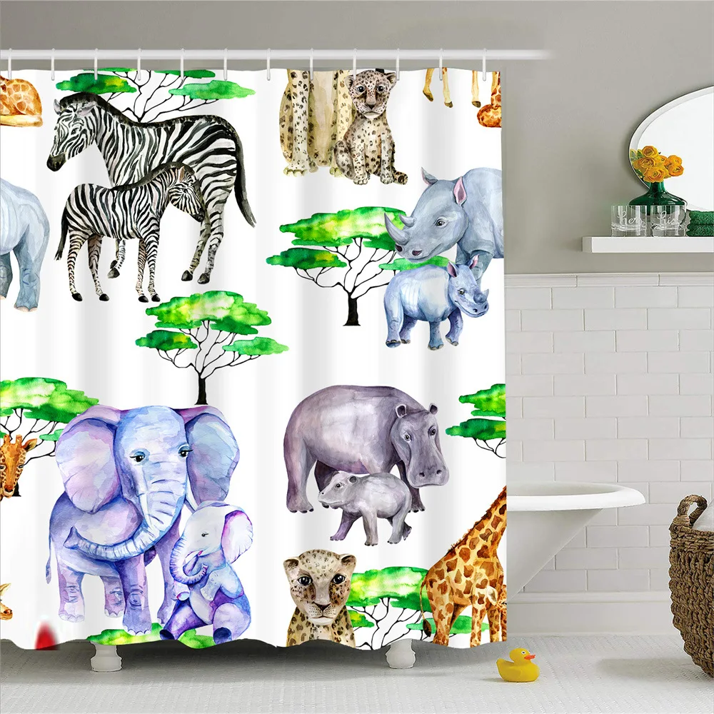 

Cartoon animal Shower Curtain Tropical Flower Leaves Green Plant Leaf Jungle Pattern Waterproof Bathroom Bath Curtains with Hook