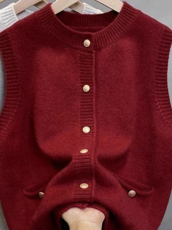 

Свободный красный вязаный жилет, круглый свитер Ne Svel, весна-осень-зима, открытый кардиган Fem Commute Sle, обычный тонкий