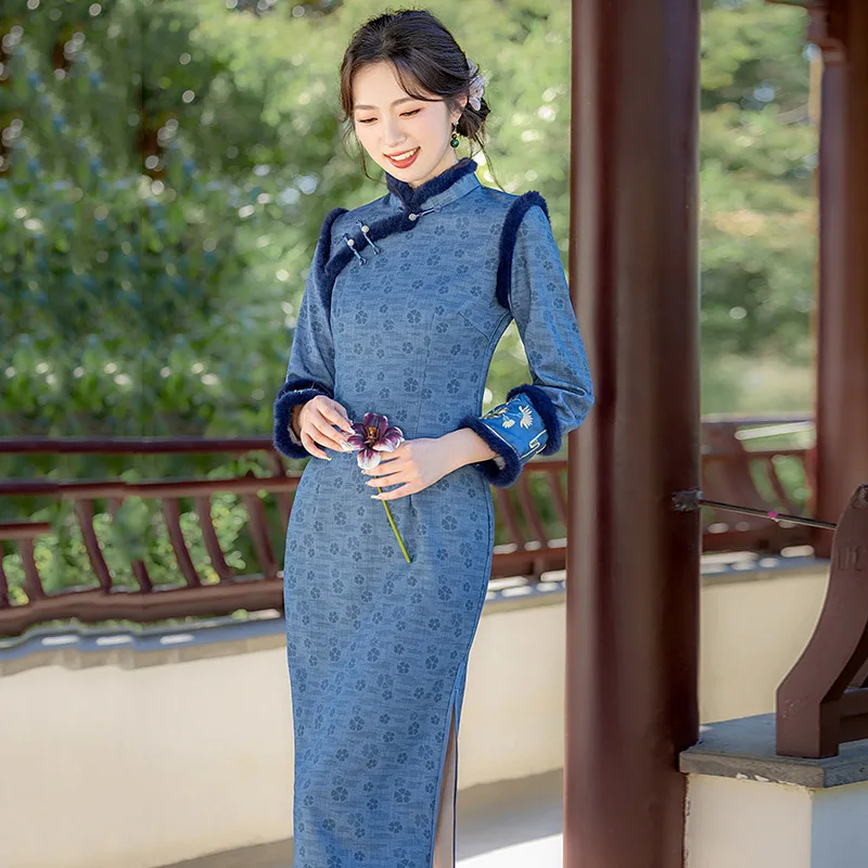 

Yourqipao зимнее синее длинное облегающее платье Cheongsam на флисовой подкладке в традиционном китайском стиле, элегантное вечернее платье Ципао в стиле ретро для женщин