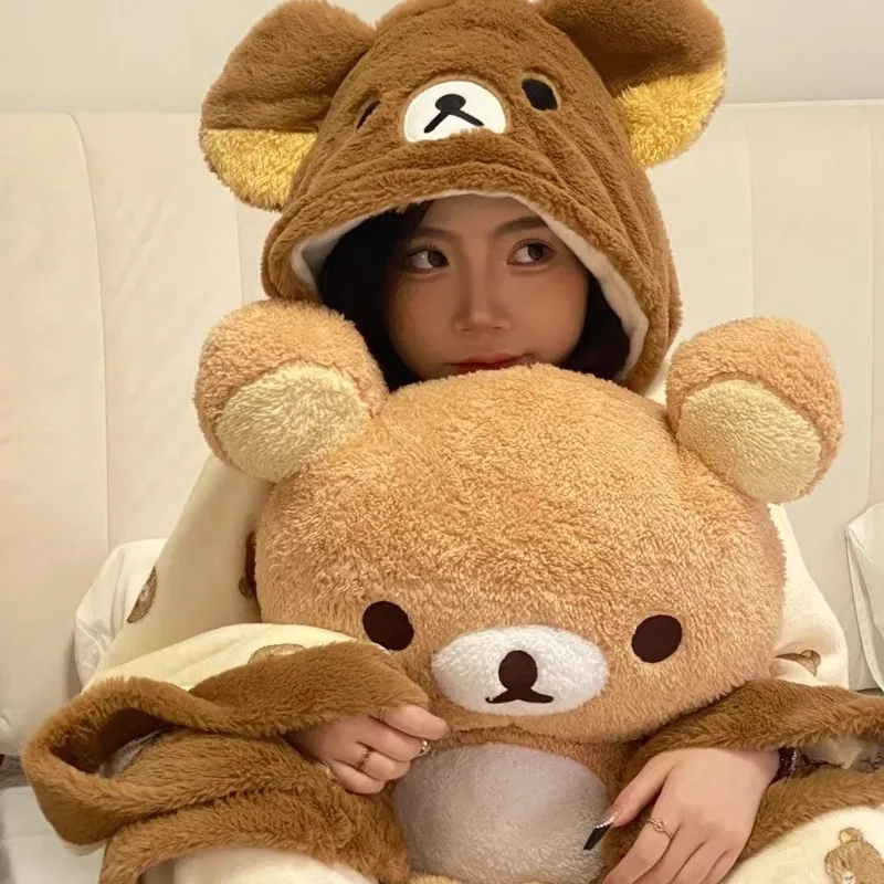 

Новый женский утепленный халат Rilakkuma на флисовой подкладке, фланелевая пижама из кораллового флиса с капюшоном, комплект домашней одежды, халат и брюки для сна