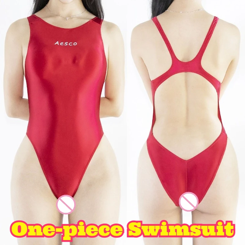 

Women One Piece Swimsuit Backless High Cut Shiny Glossy Smooth Fabric Tummy Control Sexy Swimwear Fitness Wear Beach Swimming