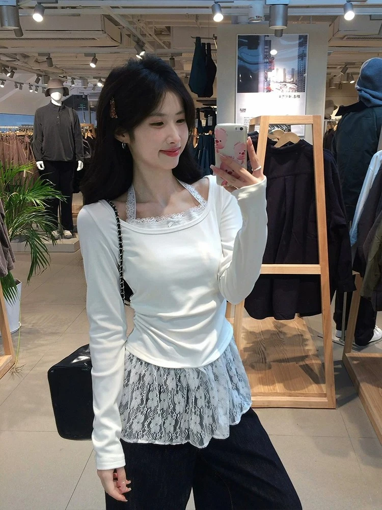 Sweet Lace Neck Hanging Long Sleeve T-Shirt Design Slimming Inner Wear Top False Two-Piece Polyester Fiber High Waist Commute