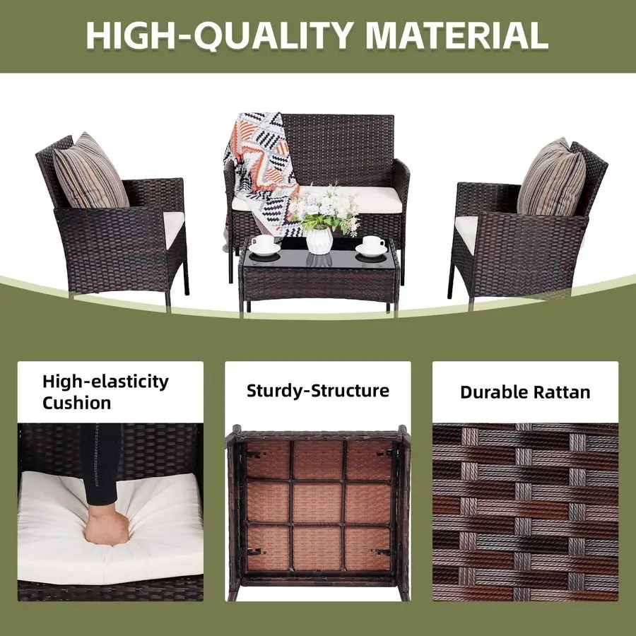Furniture Set 4 Pieces, Outdoor Rattan Furniture with Tempered Glass Coffee Table, Modern Rattan Patio Chairs Conversation Sets
