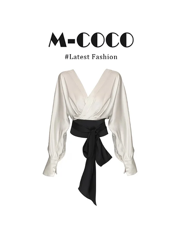 

Marie Korean Style Color Block V-Neck Batwing Sleeve Shirt Women's Belted Waist Long Sleeve Design Top Fashionable Casual Wear