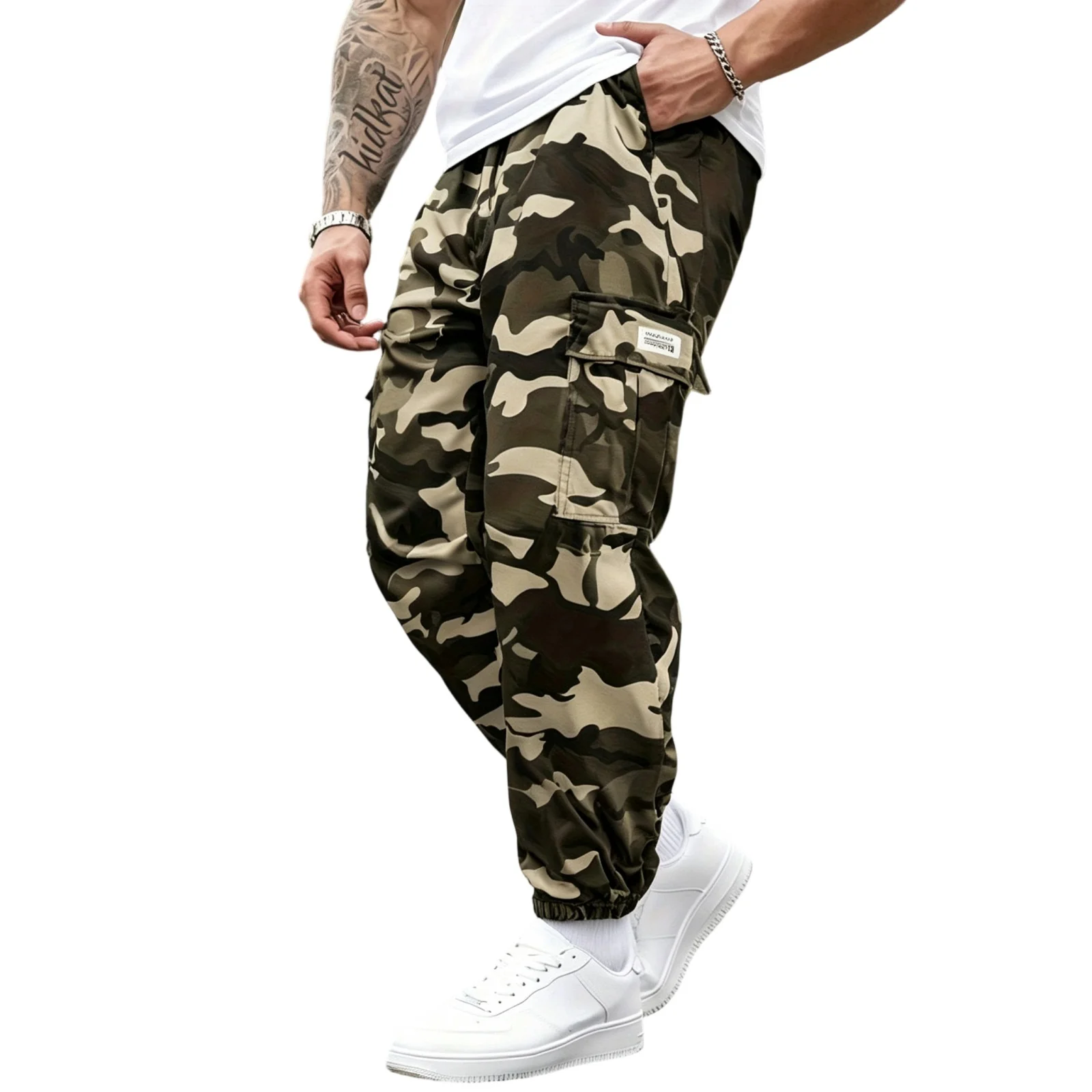 Men's Camouflage Cargo Pants Elastic Waist Drawstring Multi-pocket Sweatpants Casual Jogger Pants Fashion Tapered Trousers