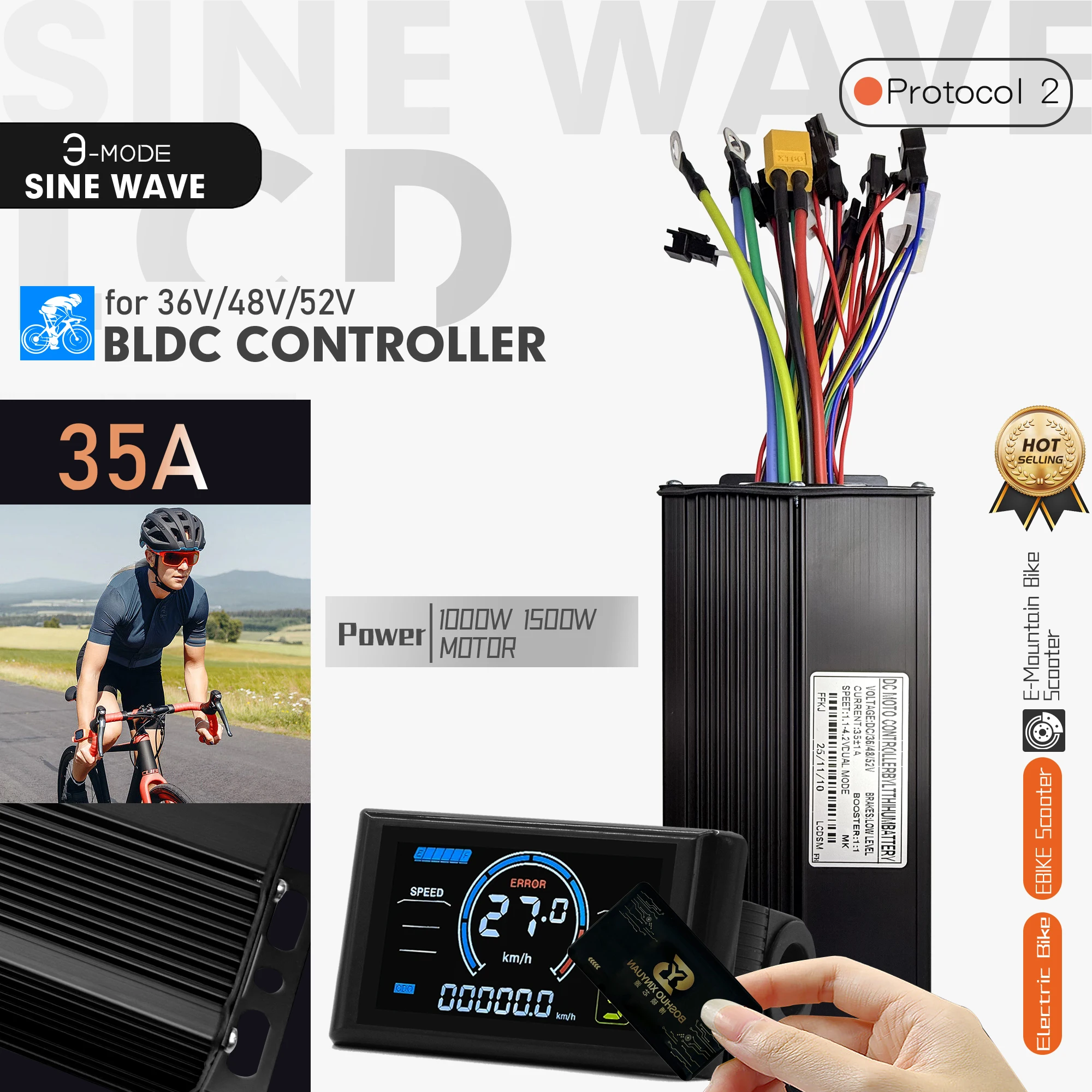 

36V 48V 52V 35A E-Bike Sine Wave BLDC Controller with S966 Color Meter Kit 1000W 1500W for Electric Bike Scooter Accessories