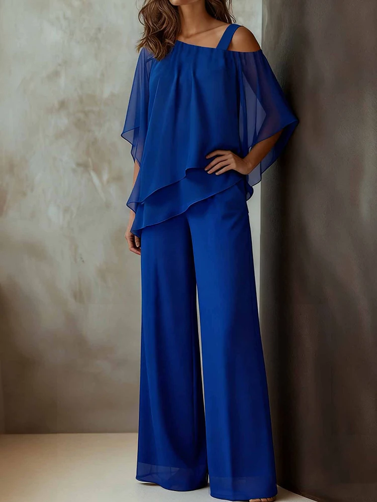 Women Casual Bat Sleeve Chiffon 2Pc Outfits Fashion Commuting Wide Legger Suits Sexy Slanted Shoulder Irregular Tops & Pant Set