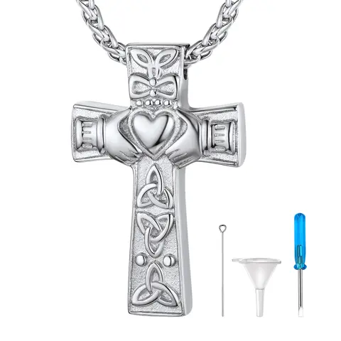 U7 Stainless Steel  Celtic Knot Claddagh Cross Urn Necklace for Ashes of Love Ones Memorial Funeral Cremation Jewelry Gift