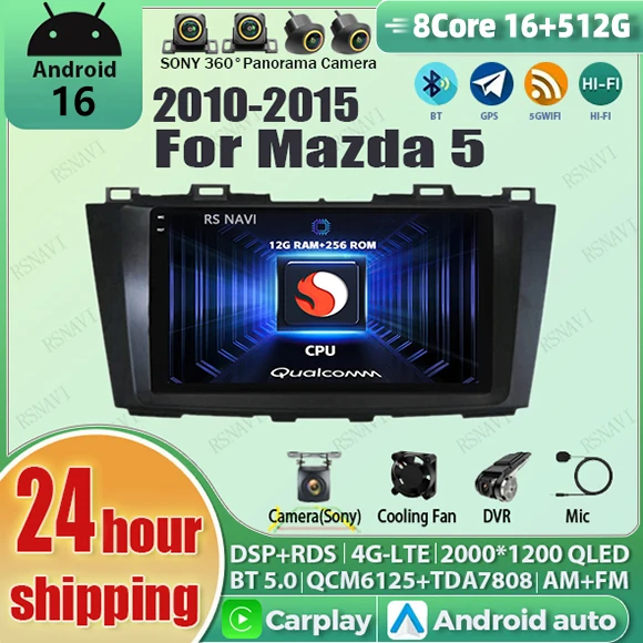 Android 16 Carplay Auto Qualcomm 2K QLED Bildschirm Autoradio für Mazda 5 2010-2015 GPS Multimedia Wifi 4G BT Navigation DSP