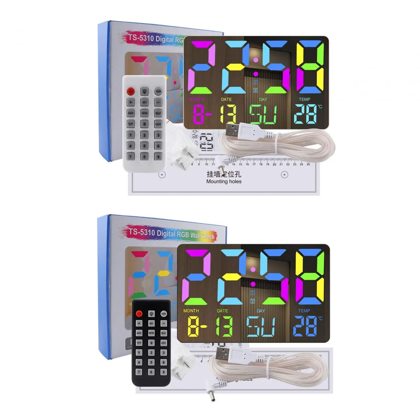 Digital Table Clock LED Wall Clock Two Alarm, Date, 12/24H RGB Lights Adults